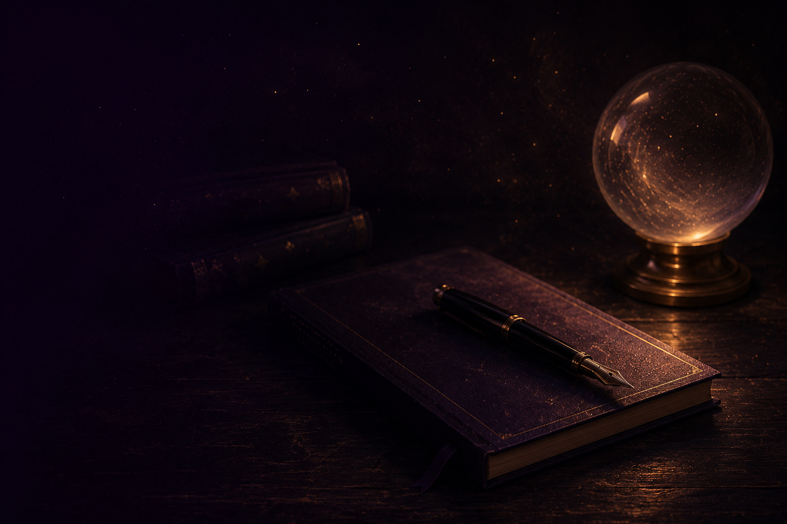 Caderno antigo com caneta tinteiro sobre mesa escura, ao lado de uma esfera de cristal iluminada