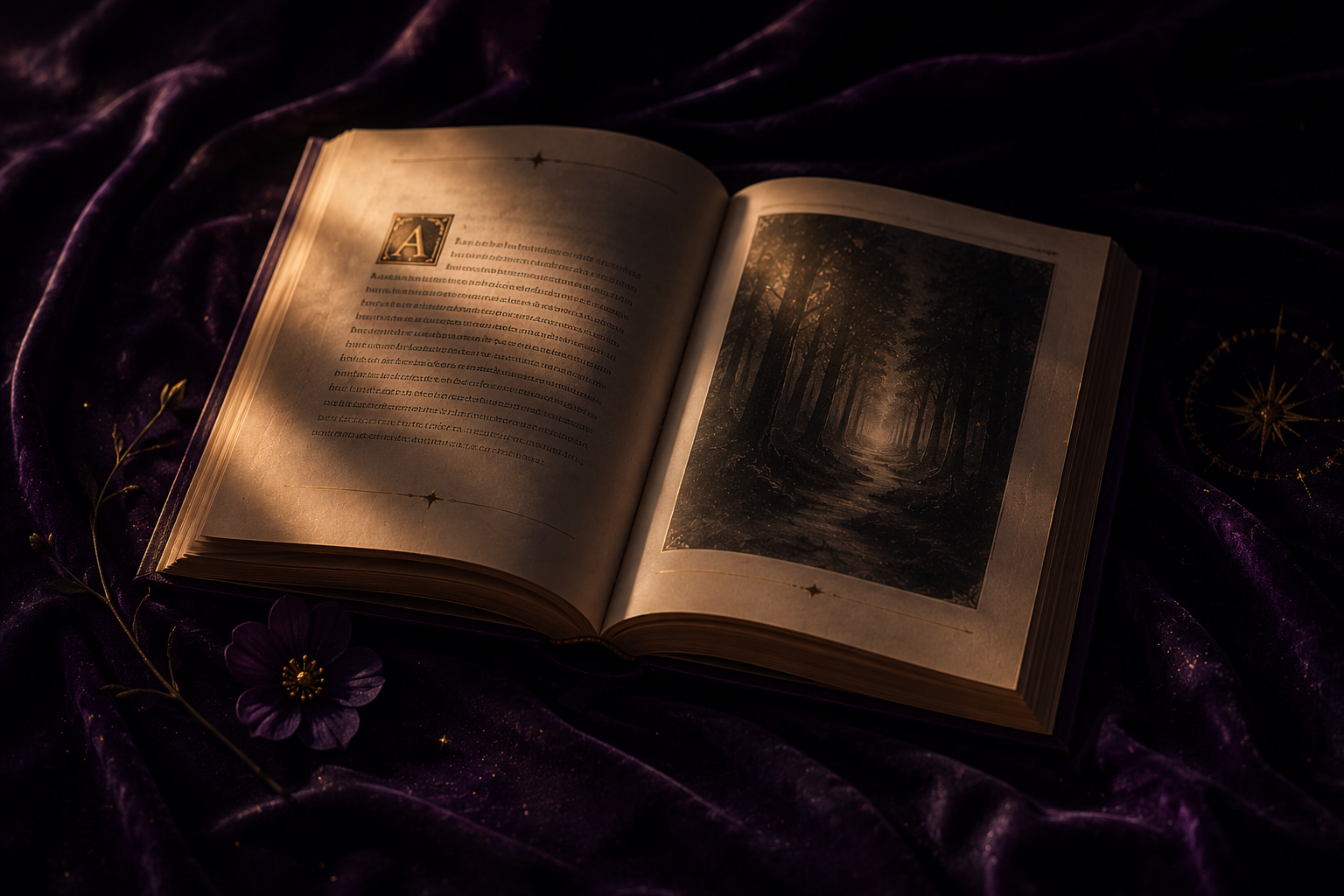 Livro antigo aberto com texto manuscrito e ilustração de floresta em página iluminada