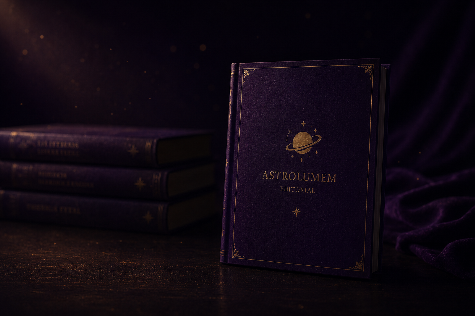 Livro encadernado em roxo com logo da Astrolumem Editorial em dourado, apoiado em outros livros